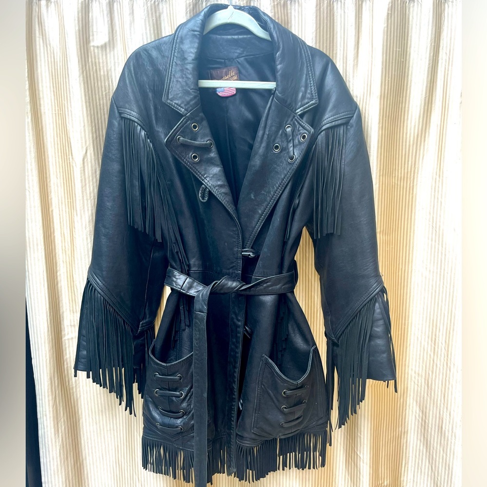 Damselle Vintage Black Fringe Leather Coat with belt, wood buttons